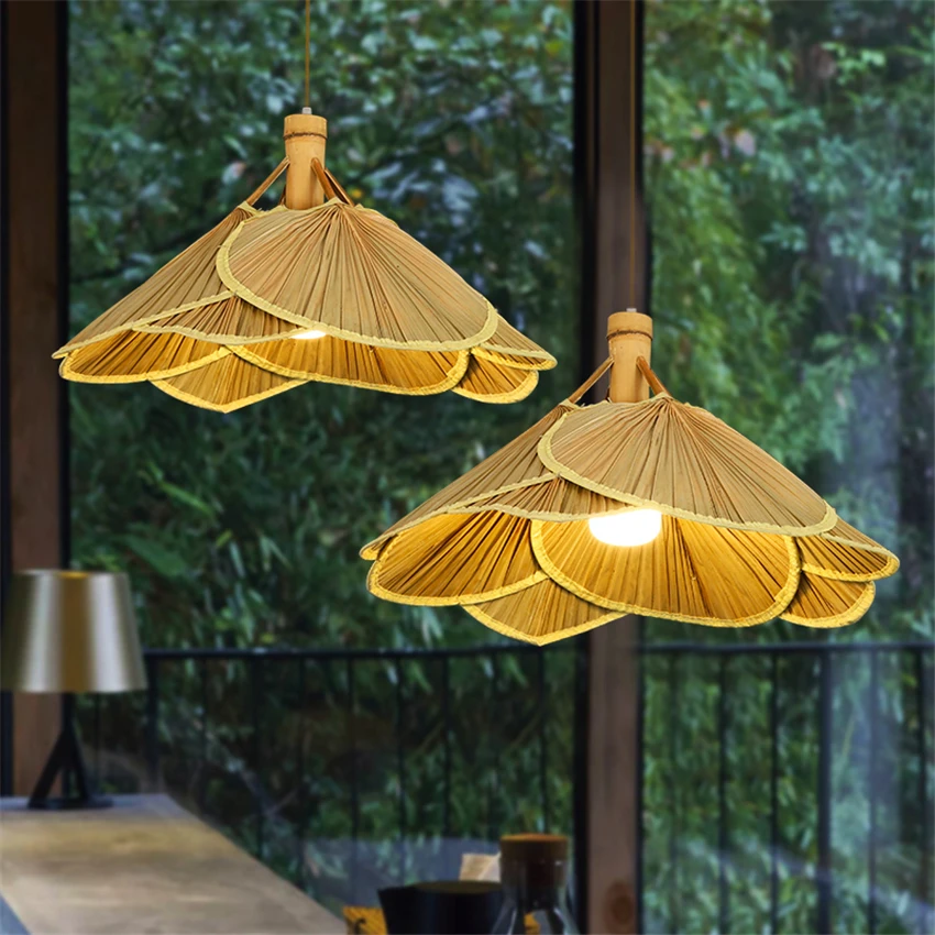 Hand-made Fan Lampshade Pendant Lights Southeast Asian Japanese Lantern Art Bamboo Lamps Room Restaurant Hanging Lights Lighting