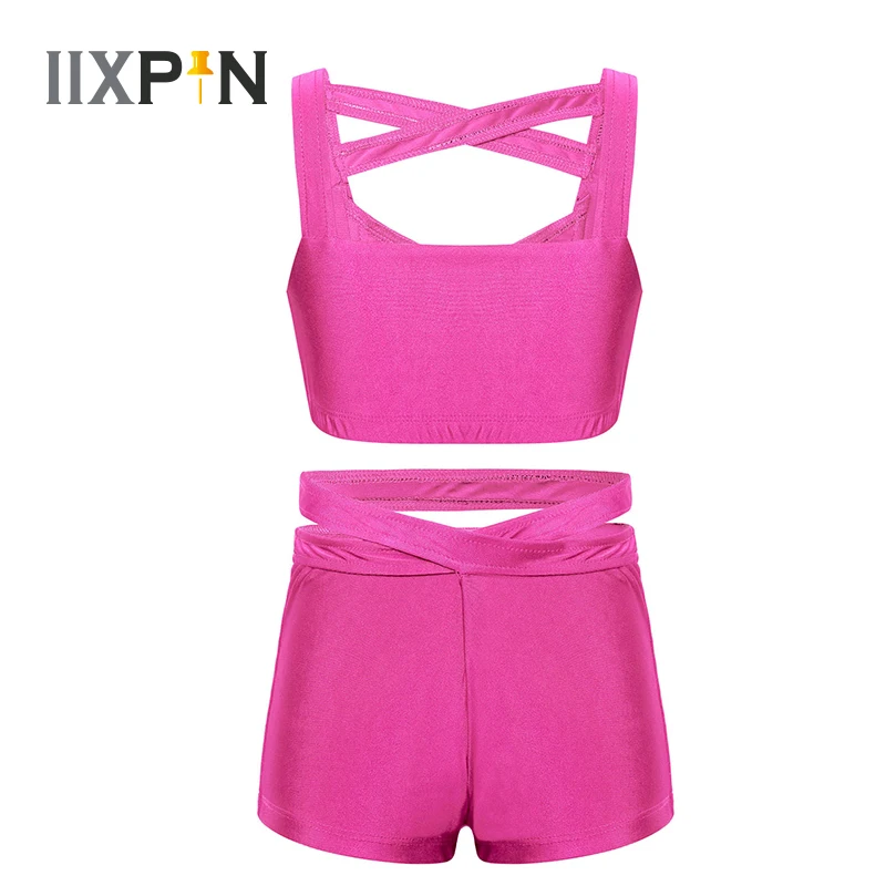 

Kids Girls Ballet Dancewear Set Workout Gymnastics Outfits Sleeveless Tank Bra Tops Crop Top With Shorts For Dance Sports Gym