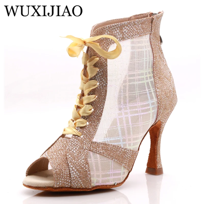 WUXIJIAO-Botas altas de baile latino para mujer, zapatos de suela suave, zapatos de salón de salsa, zapatos de baile de malla, tacones altos de Cuba