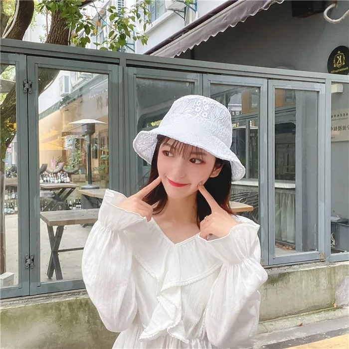 Sun Korean seaside Vintage Elegant Lace Bucket Hat Women Summer Beach Sun Hats Fashion Korean caps Breathable Fisherman cap