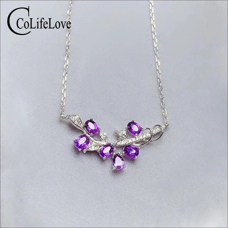 CoLife Jewelry Fashion 925 Silver Necklace for Party 6 Pieces Natural Amethyst Necklace Silver Gemstone Jewelry