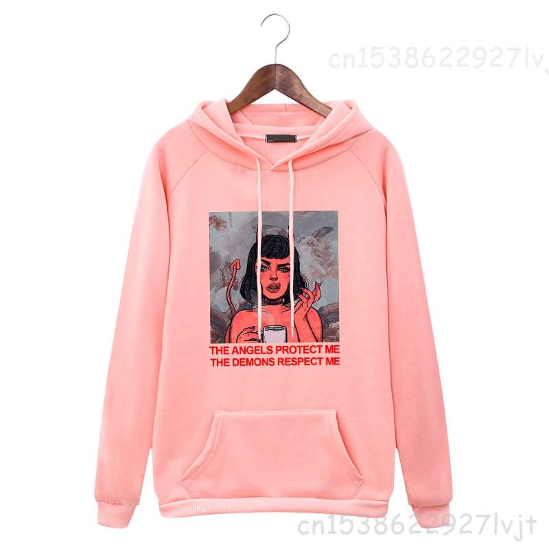 Streetwear Hooded Sweatshirt Harajuku The Angels Protect Me The Demons Respect Me Letter Print Pullover Hooded Sweatshirt