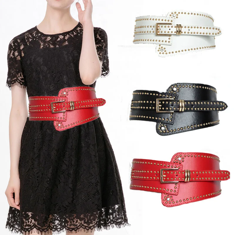 

Luxury ladies wide leather belt punk style rivet pin buckle belts designer PU elastic band belt Cool Bg-477