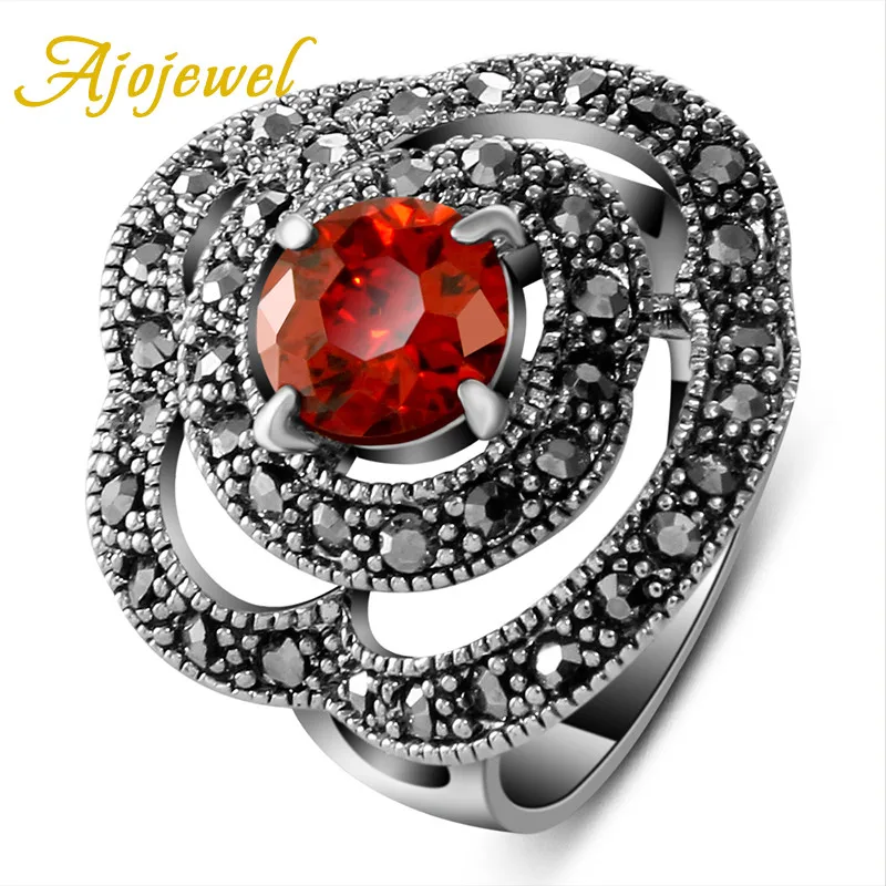 Ajojewel Women's Hollow Flower Finger Ring With Red Cubic Zircon Vintage Finger Jewelry Anillos Mujer