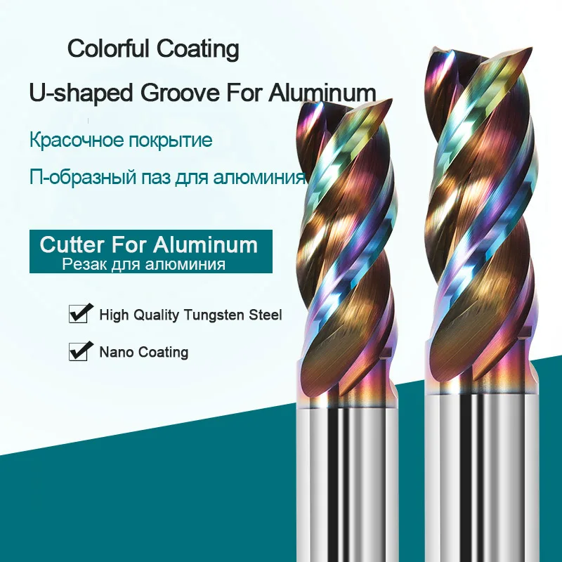Fresa per rivestimento colorato per alluminio rame legno 3 flauto lavorazione Cnc utensili di fresatura da 1 a 12mm HRC58 65 frese