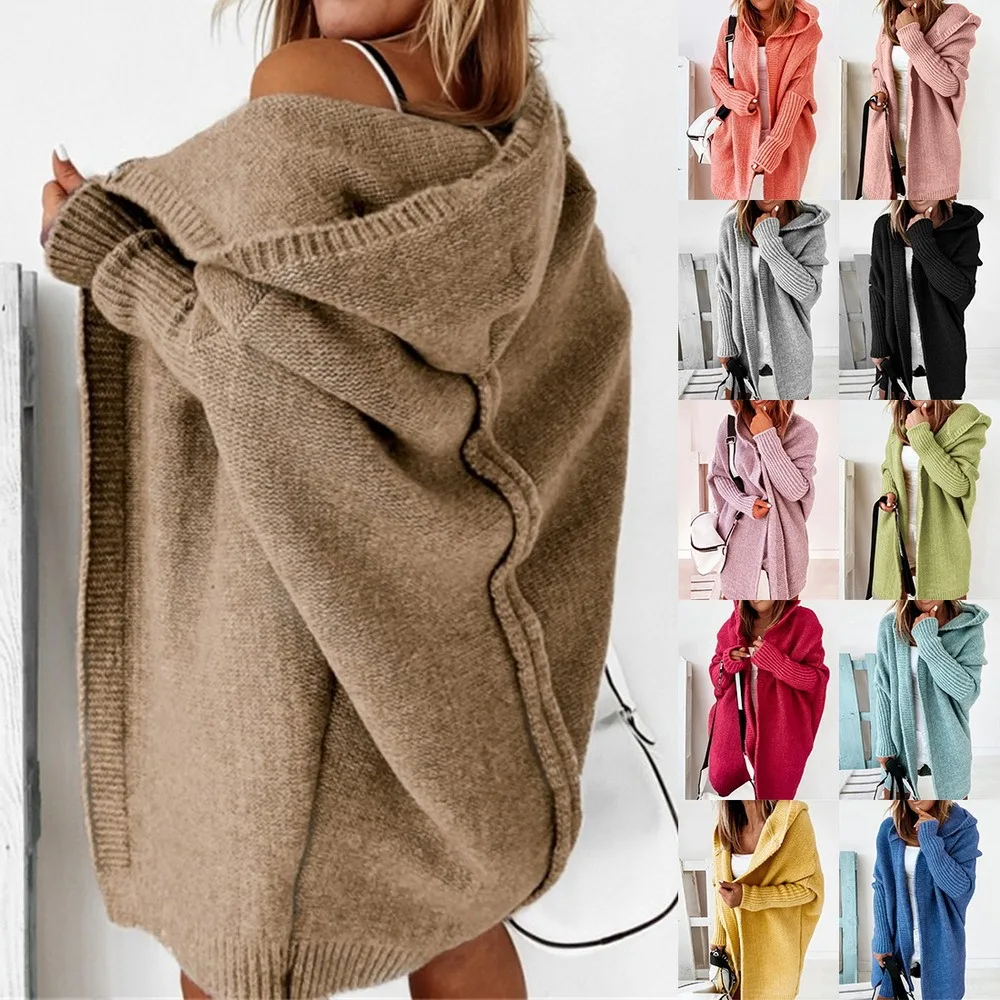 Long Hooded Cardigan Women Solid Color Braid Knit Overcoat Loose Ladies Sweaters Coat Plus