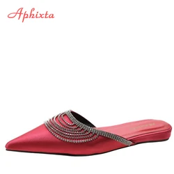 Aphixta Women Shoes Fashion Slippers Crystals Fringe Shallow Rose Red Silk Flat Heel Autumn Floral Point Toe Black Slides Mules