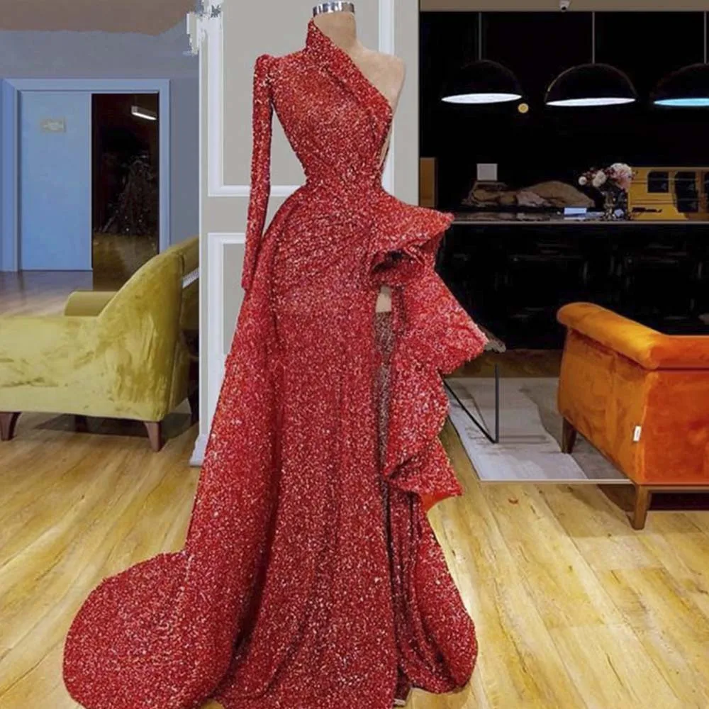 Red Front Split Mermaid Prom Dresses One Shoudler Boat Neck Sequins Wedding Party Formal Evening Gowns Customize Robe De Soiree