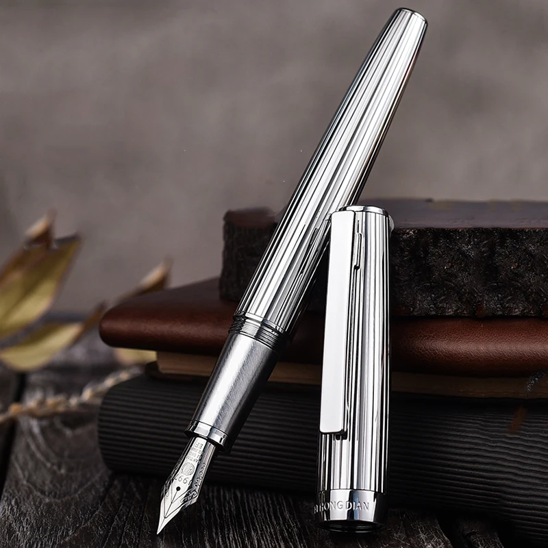 

Hongdian 1845 Metal Fountain Pen Stainless Steel Ink Pen Beautiful Stripe EF/F Nib Silver/Black Office Business Writing Ink Pen