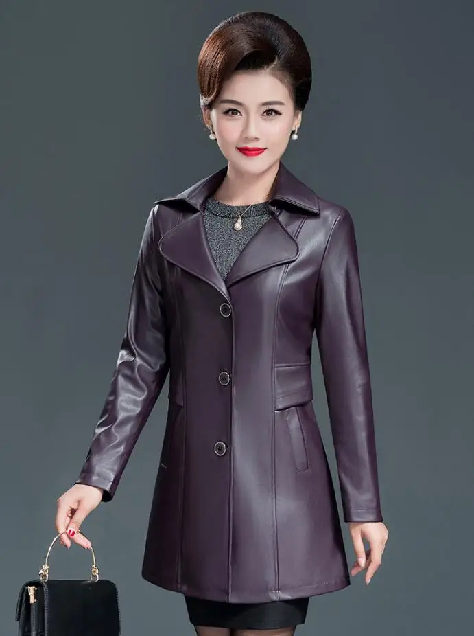 New Autumn PU Leather Jacket For Middle Age Women Elegant Casual Lapel Long Sleeve Slim Faux Leather Outwear s1672