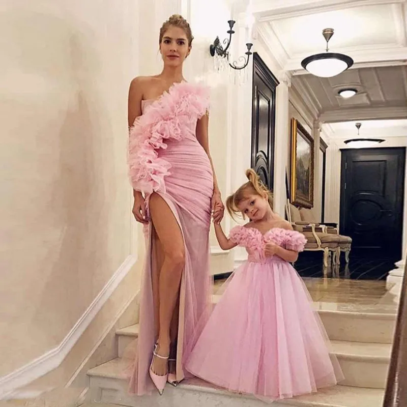 Beauty Flower Girl Dresses For Wedding Party One Shoulder Ruffles Tulle Princess Prom Mom Dresses Child Birthday Evening Gowns