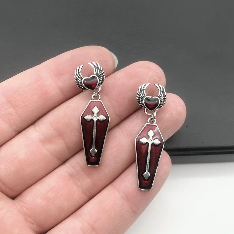 New Punk Gothic Women's Earrings Retro Death Cross Red Blood Coffin Pendant Earrings Zinc Alloy Jewelry Wholesale