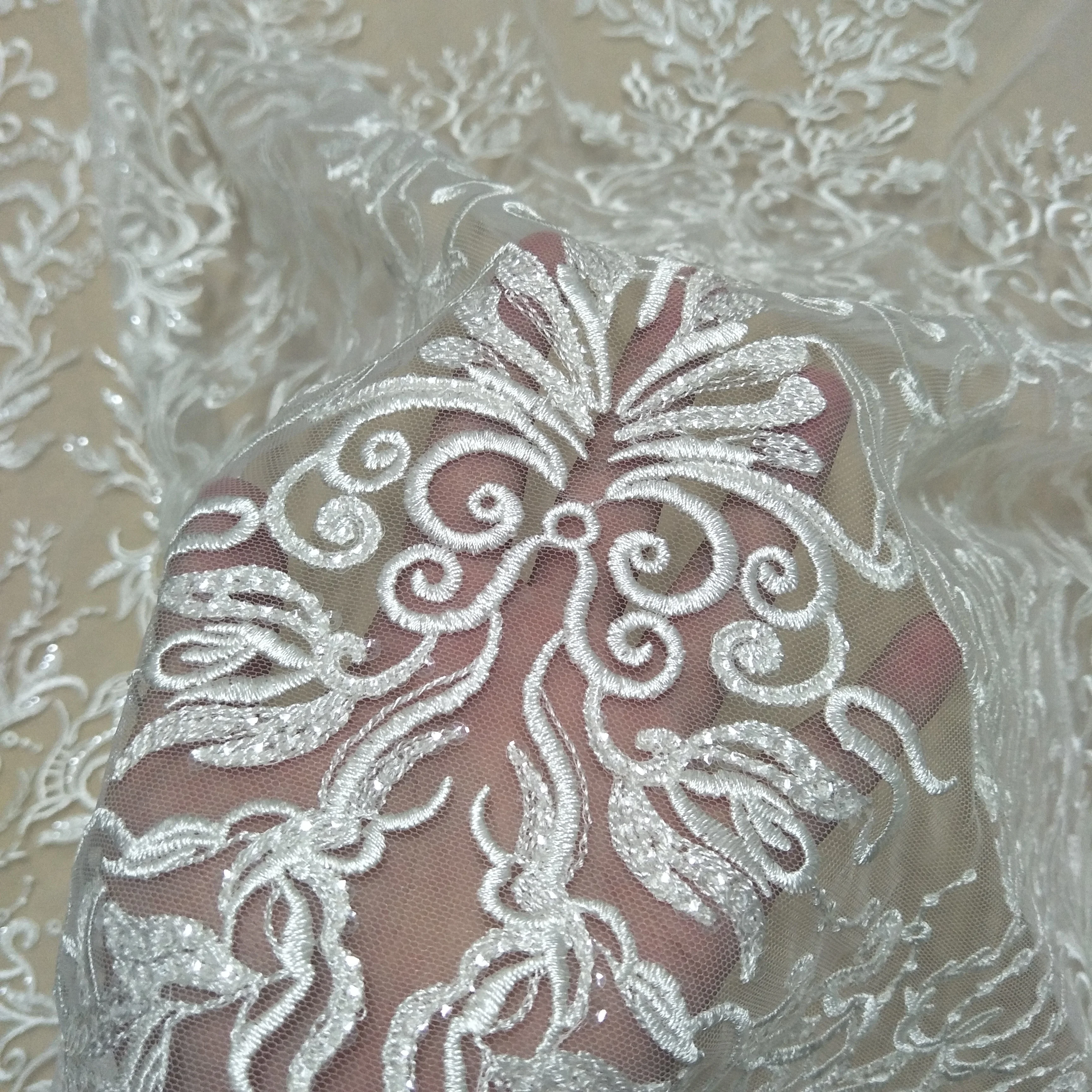 fashion bridal lace fabric 130cm width wedding dress lace fabric sequins lace fabric sell by yard