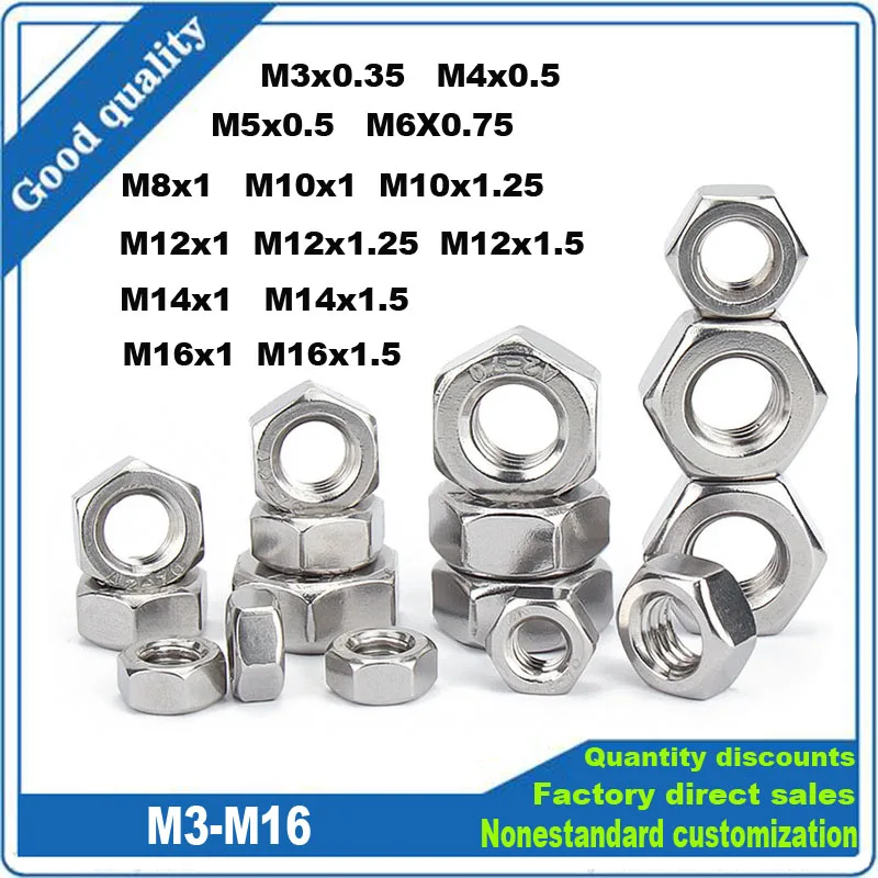 

2/5/10Pcs M3 M4 M5 M6 M8 M10 M12 M14 M16 Pitch 0.35/0.5/0.75/1/1.25/1.5mm 304 A2-70 Stainless Steel Fine Thread Hex Hexagon Nut