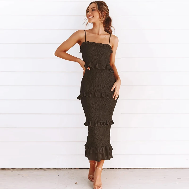 

Summer Fashion Sling Long Dress Women Casual Party Dress Female Ruffles Vestidos Plus Size Natural Solid Dresses 2021 Black Robe