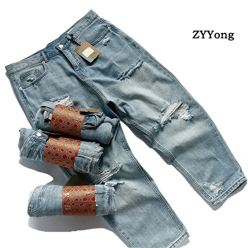 Summer New Fashion Ripped Men Jeans Ankle Length Loose Plus Size Hip Hop Hole Light Blue Homme Denim Pants Streetwear Trousers