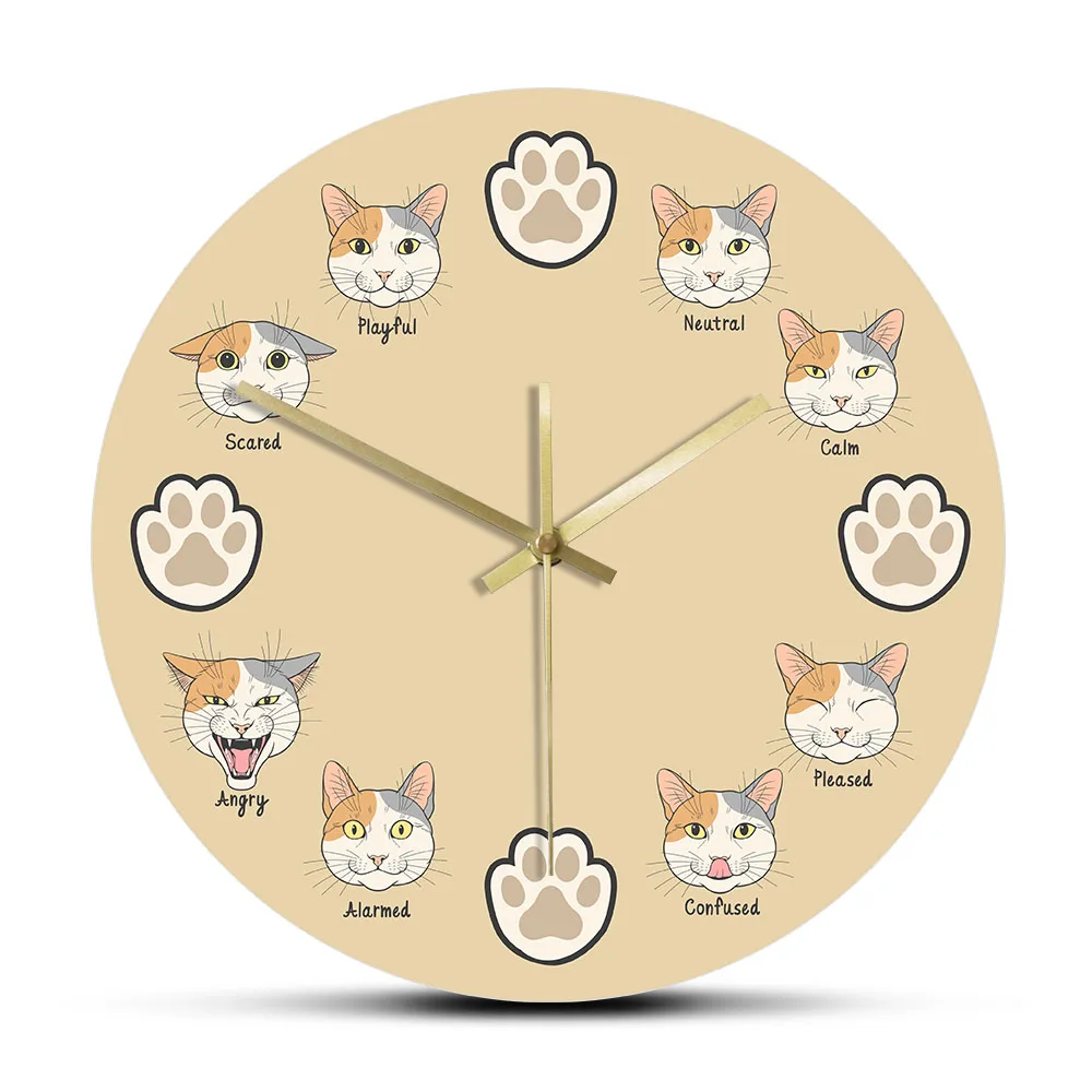 Cartoon Cat Expression Moods Decorative Wall Clock Kitten Paws Kitty Face Feelings Cat Lovers Wall Clock Silent Swept Wall Watch