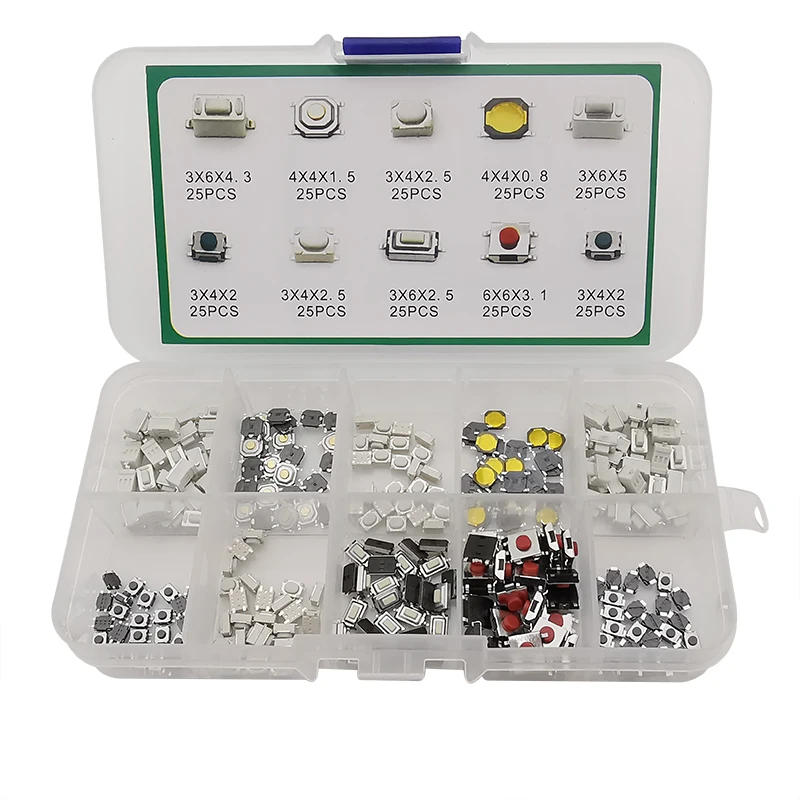 250Pcs/Box 10-Type Micro Tactile Push Button Switch Car Remote Tablet Actile Control Key Button Touch Microswitch Assortment Kit
