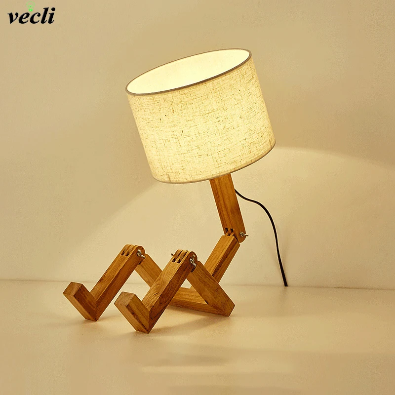 Wooden Robot Shape Creative Table Lamp Nordic Bedroom Bedside LED Table Lamps Indoor Study Desktop Decorative Light Fixture