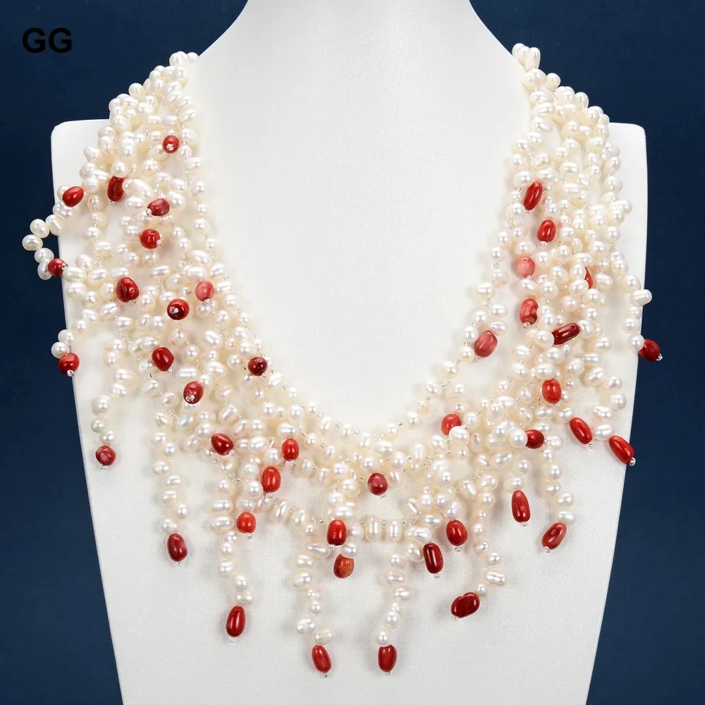 

GuaiGuai Jewelry 19" 4 Strands Natural White Rice Pearl Red Coral Freedom Nugget Necklace For Women