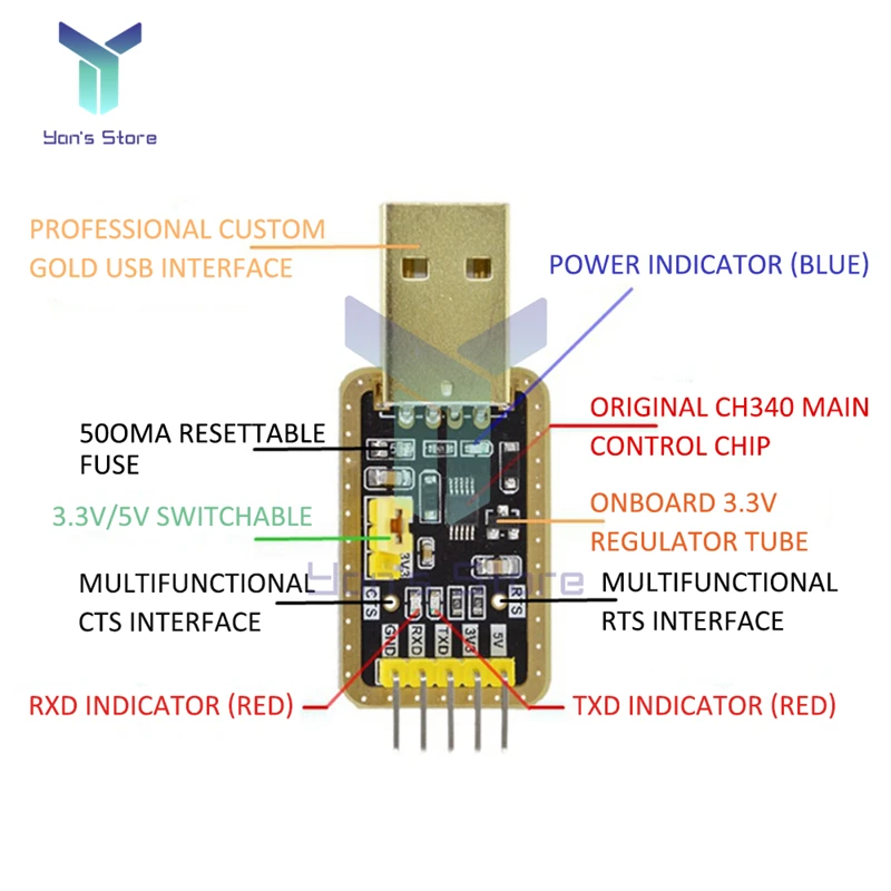 Mini CH340 RS232 Module Chuyển Đổi USB To TTL Cổng Nối Tiếp 3.3V/5V Có Đèn Báo Nguồn Cho Bộ-Hộp/Router Nâng Cấp Firmware