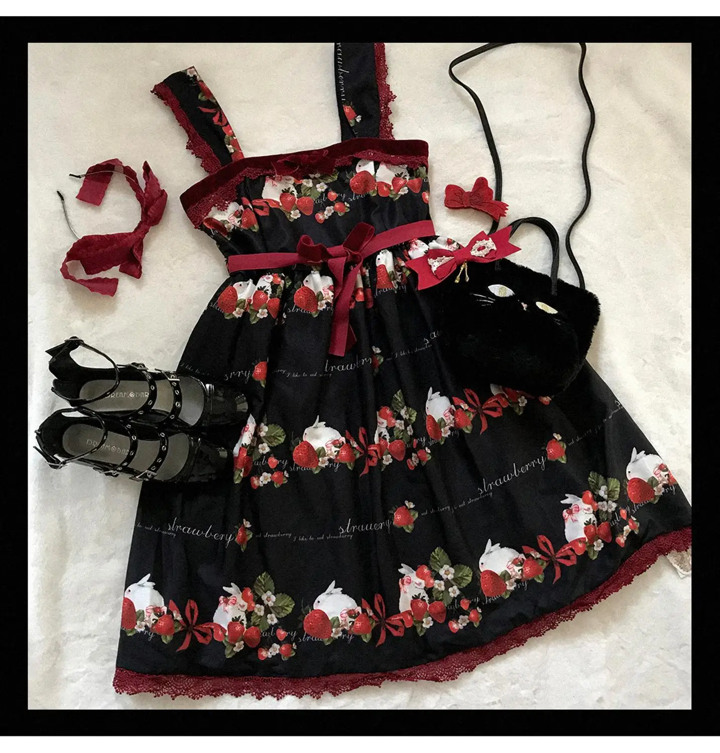 Abito dolce con cinturino lolita vintage fragola bowknot stampa carina vita alta principessa abito vittoriano kawaii ragazza gotica lolita