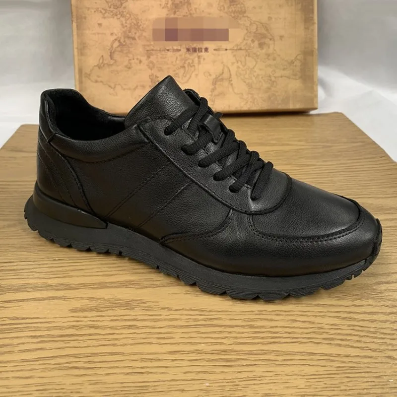 Brand Men Genuine Leather Cowhide Flat Sneakers Black Lace Up Outdoor Running Sport Shoes Comfortable Business Bullock Shoes