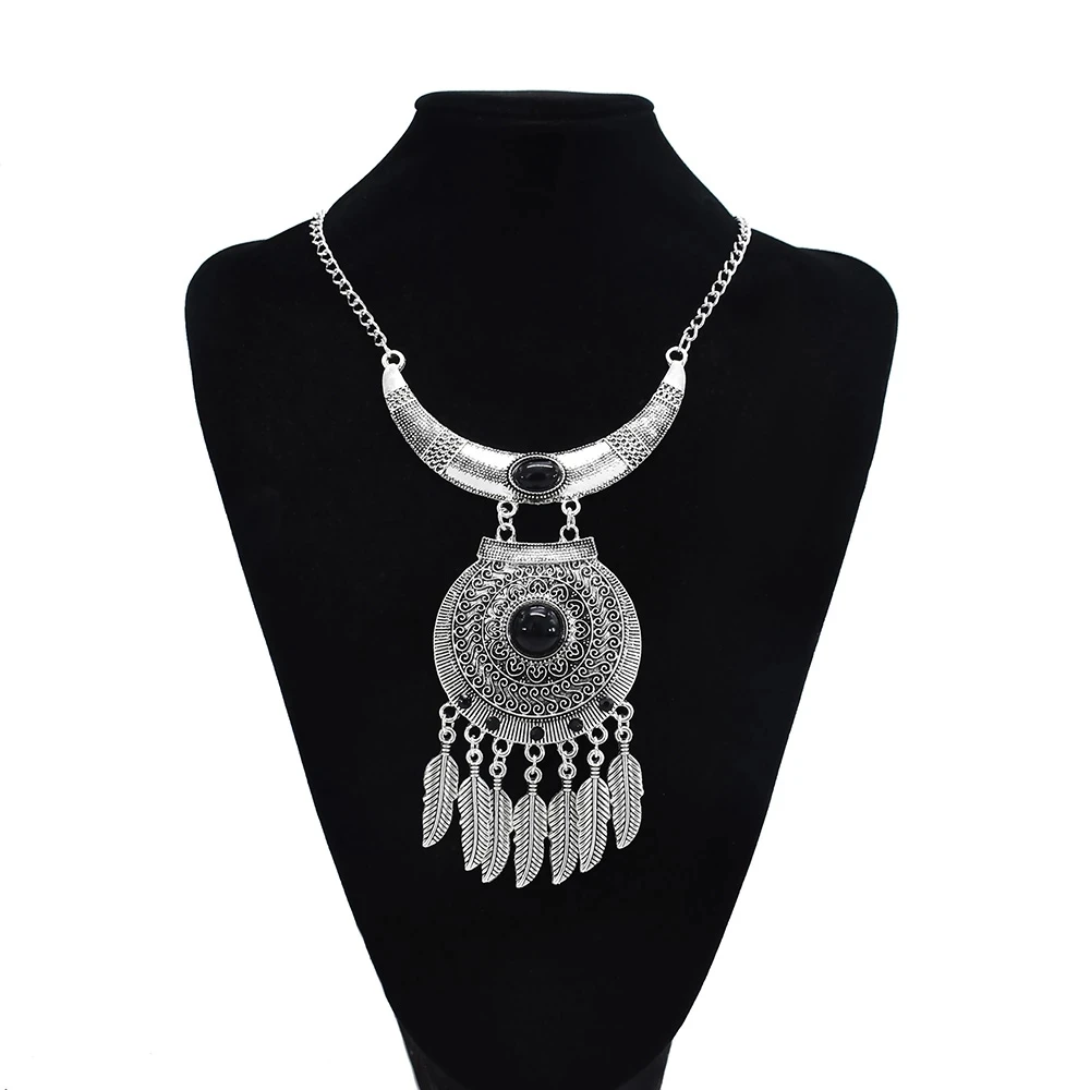 Afghan Vintage Silver Color Metal Geometric Necklaces for Women Female Black Blue Stone Leaf Tassel Necklace Turkish Jewelry