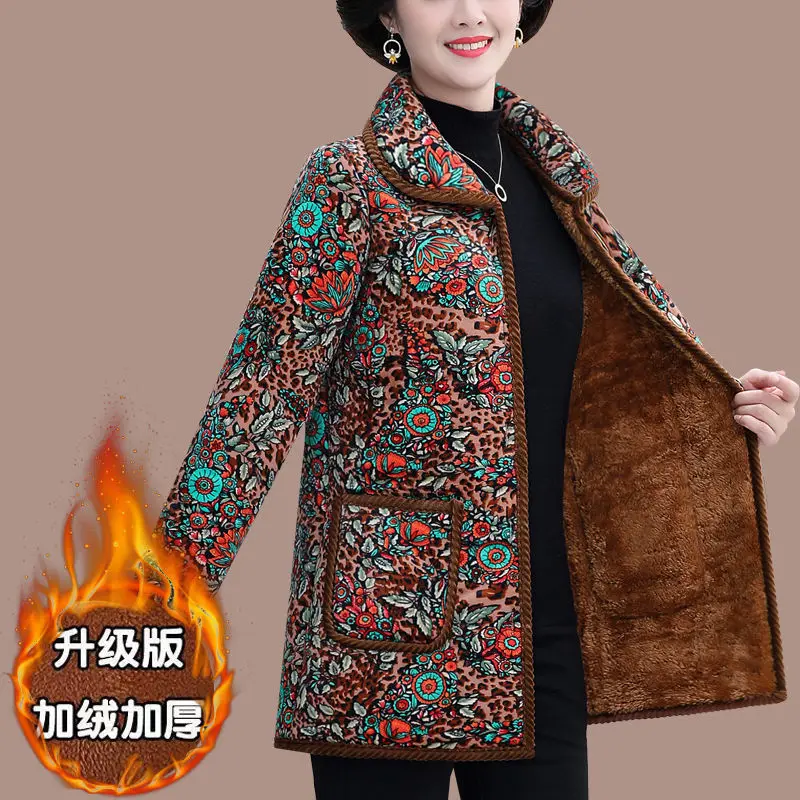 Fdfklak Winter Coat Plus Velvet Thick Middle-Aged Elderly Grandma Parkas Warm Plaid Cotton-Padded Jacket For Women XL-6XL