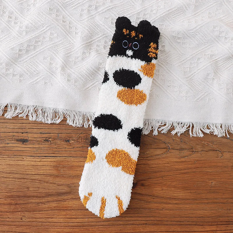 3D Ear Embroidery Cat Claw Coral Fleece Animal Sock Winter Kawaii Thick Striped Cartoon Women Fuzzy Fluffy Terry Warm Cute Socks