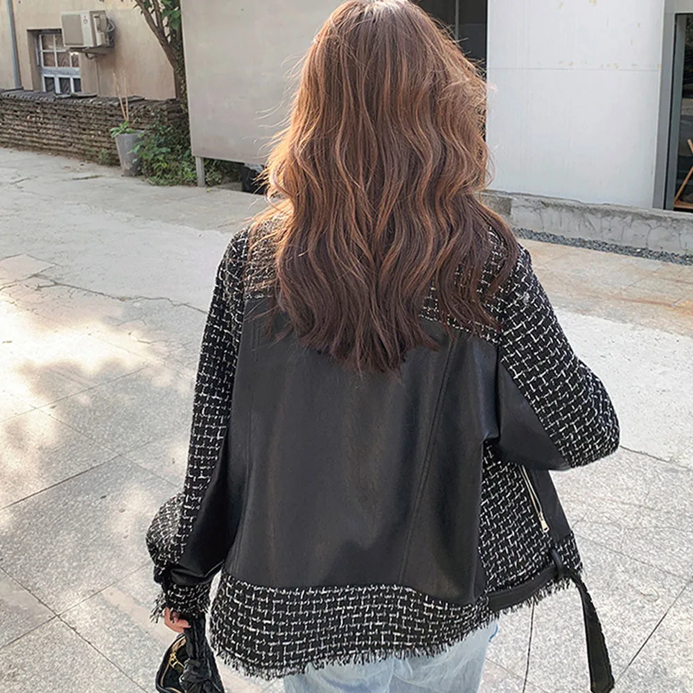 Leather Jacket Women Fashion Chic Spring Fall New Style Small Fragrant Wind Tweed Stitching PU Leather Jacket Loose Short Jacket