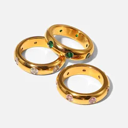 Female High Quality Green/Pink/White Stones Wedding Ring Gold Color Stainless Steel Engagement Band Gift for Lover