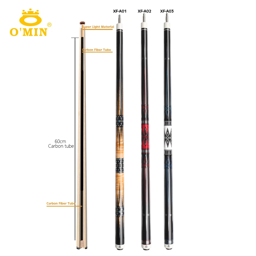 OMIN-XF-A1-3 Pool Cue Billiard Stick Kit with Extension Shaft with Carbon Tube, 55cm, 12.8mm Tip Maple