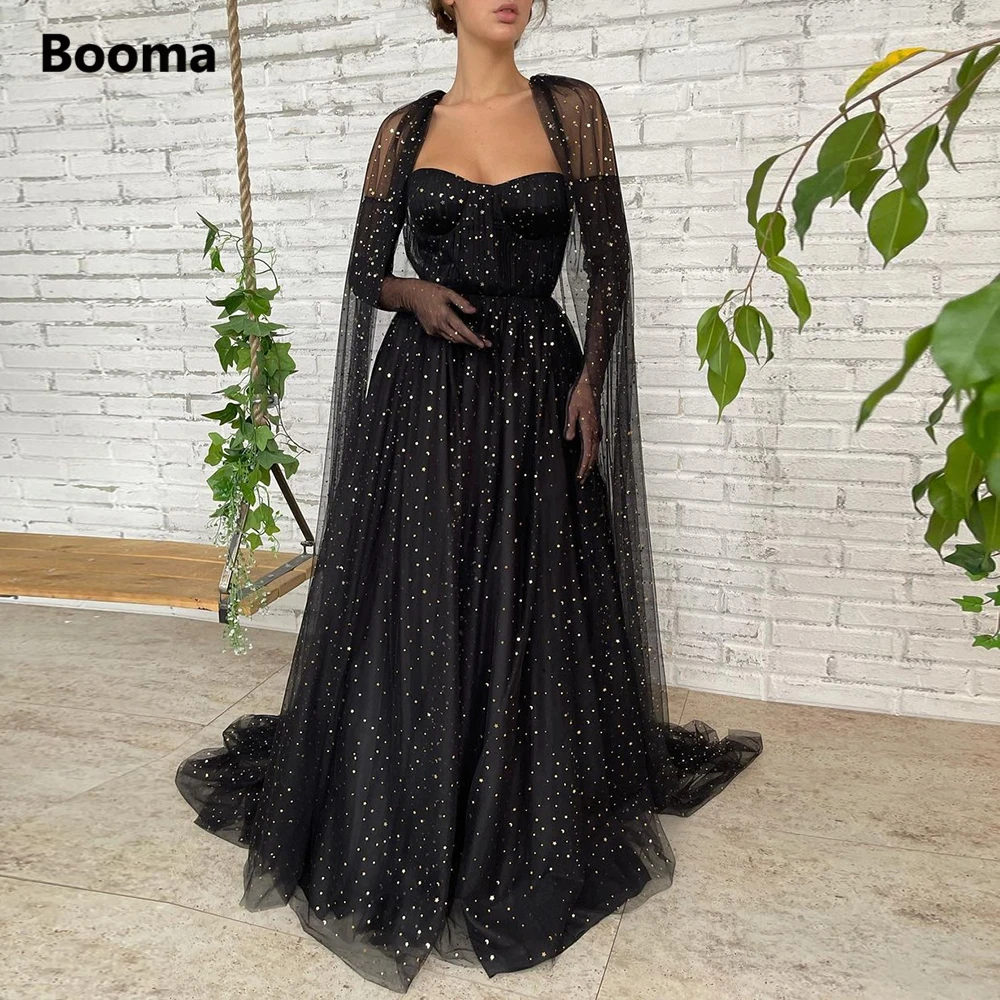 

Booma Elegant Black Starry Tulle Prom Dresses with Cape 2022 Strapless A-Line Maxi Party Dresses Long Formal Evening Gowns