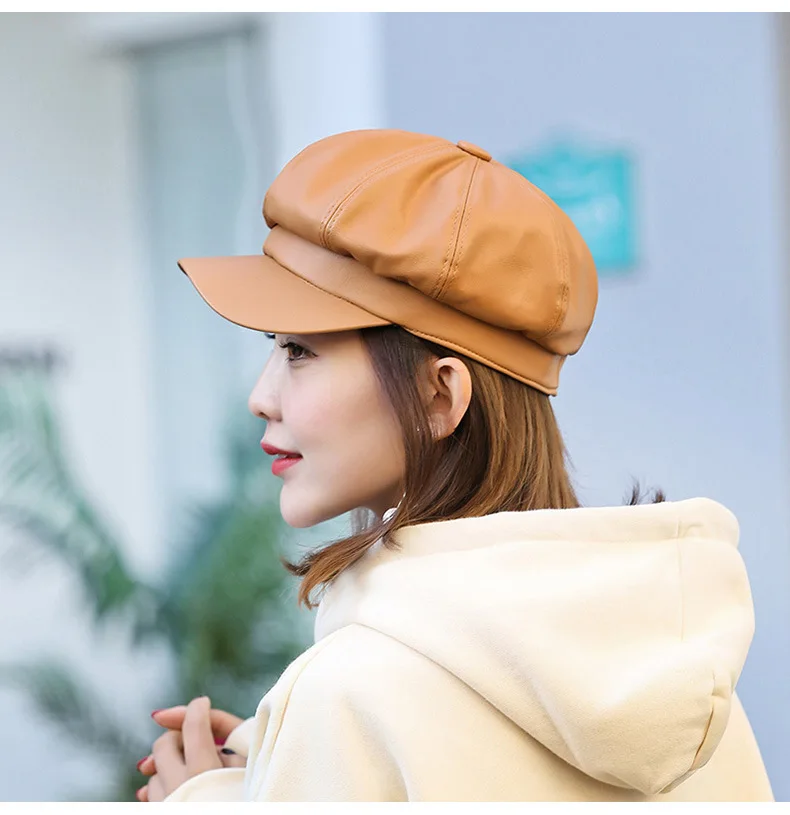 Fashion Solid color Octagonal Cap Hats Female Autumn Winter Leather Panama Stylish Artist Painter Newsboy Caps Beret Woman hat