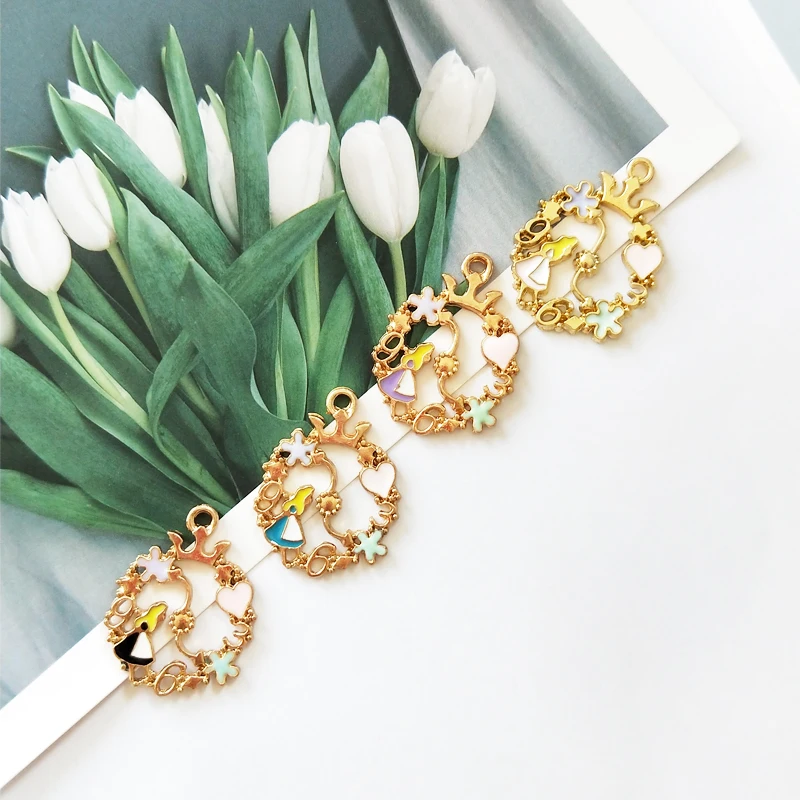 10pcs/lot Wreath Alice Girls Floating Enamel Charms Gold Color Alloy Pendant Fit Necklace Bracelet Earring DIY Jewelry Accessory