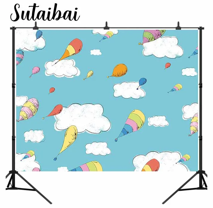 Cartoon Balloons Backdrop Blue Sky White Clouds Photography Background for Kids 1st Birthday Baby Shower Party Decor