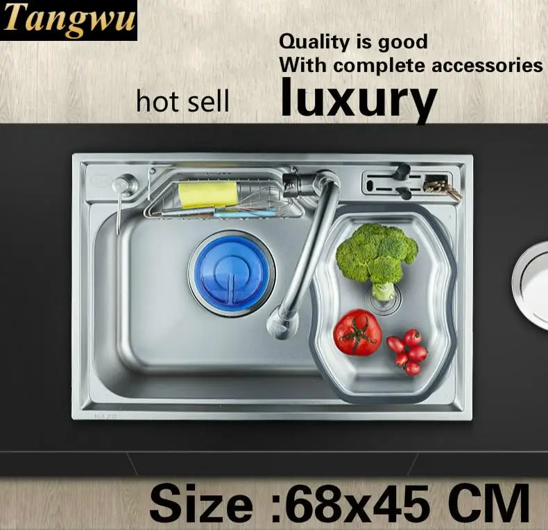 

Free shipping Hot sell household vogue kitchen single trough sink food-grade 304 stainless steel big 680x450 MM