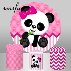 Sensfun Cute Panda Round Backdrop Cover Pink Girls Newborn Baby Shower 1st Birthday Party Photography Background Cylinder Covers