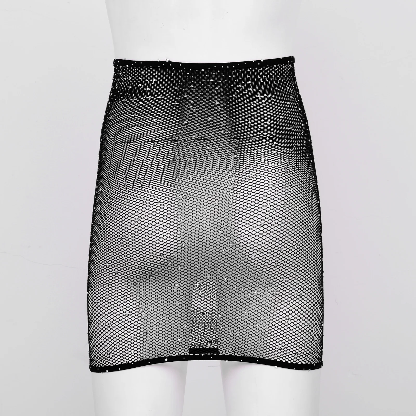 Women Shiny Rhinestones Bodycon Miniskirt See-Through Mesh Sexy Skirts Festival Rave Clothes Beachwear Dancing Costume Clubwear