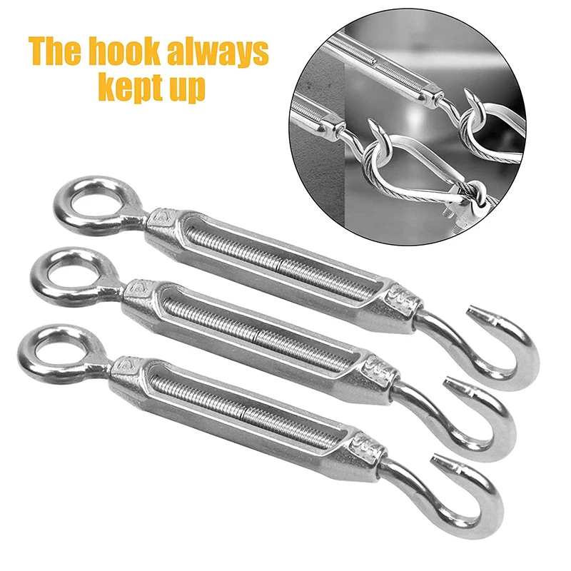 Silver 304 Stainless Steel European Style Hook & Eye Turnbuckle M4/M5/M6 Turnbuckle Adjustable Wire Rope Tensioner