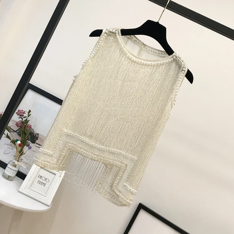 

H80&S90 New Fashion Women Heavy Pearl Seeds Beaded Sleeveless Tank Top Female Knit Fringer Pullover Irregular Tassel Vest Shirts