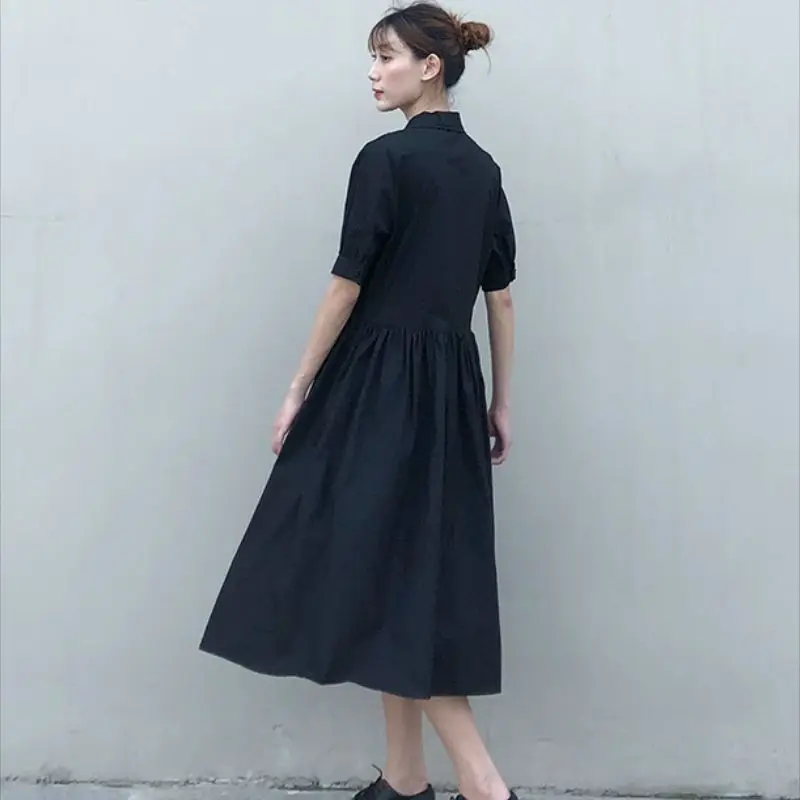 Lady Short Sleeve Shirt Skirt Summer Lady New Lapel Pure Color Loose Baby Collar High-End Temperament Cold Wind Skirt