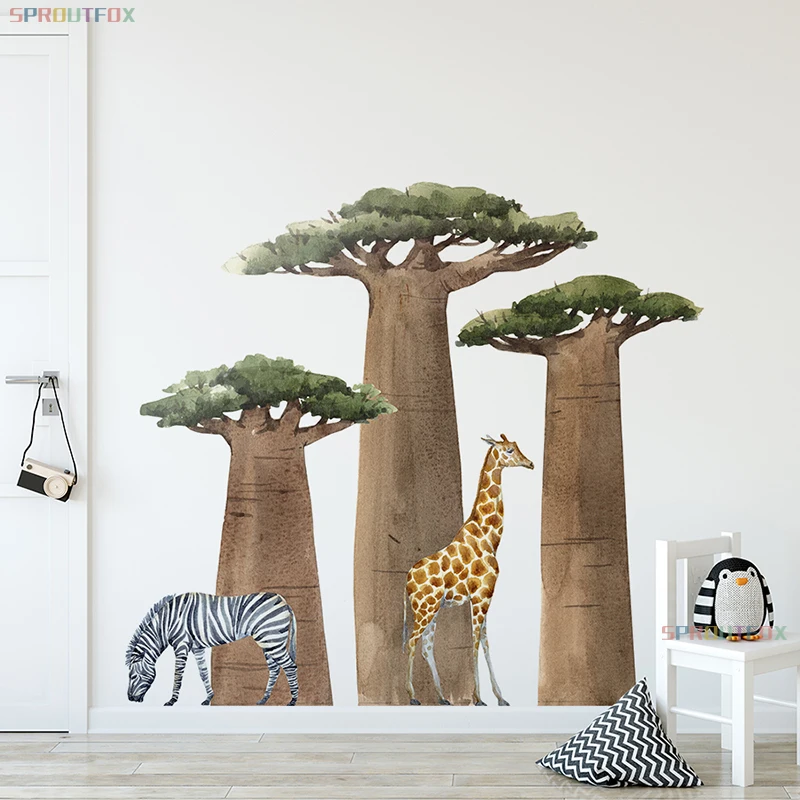 Huge Tree Green Forest Animal Zebra Giraffe Wall Stickers for Kids Rooms Baby Boys Room Nursery Home Decoration Cartoon Decals