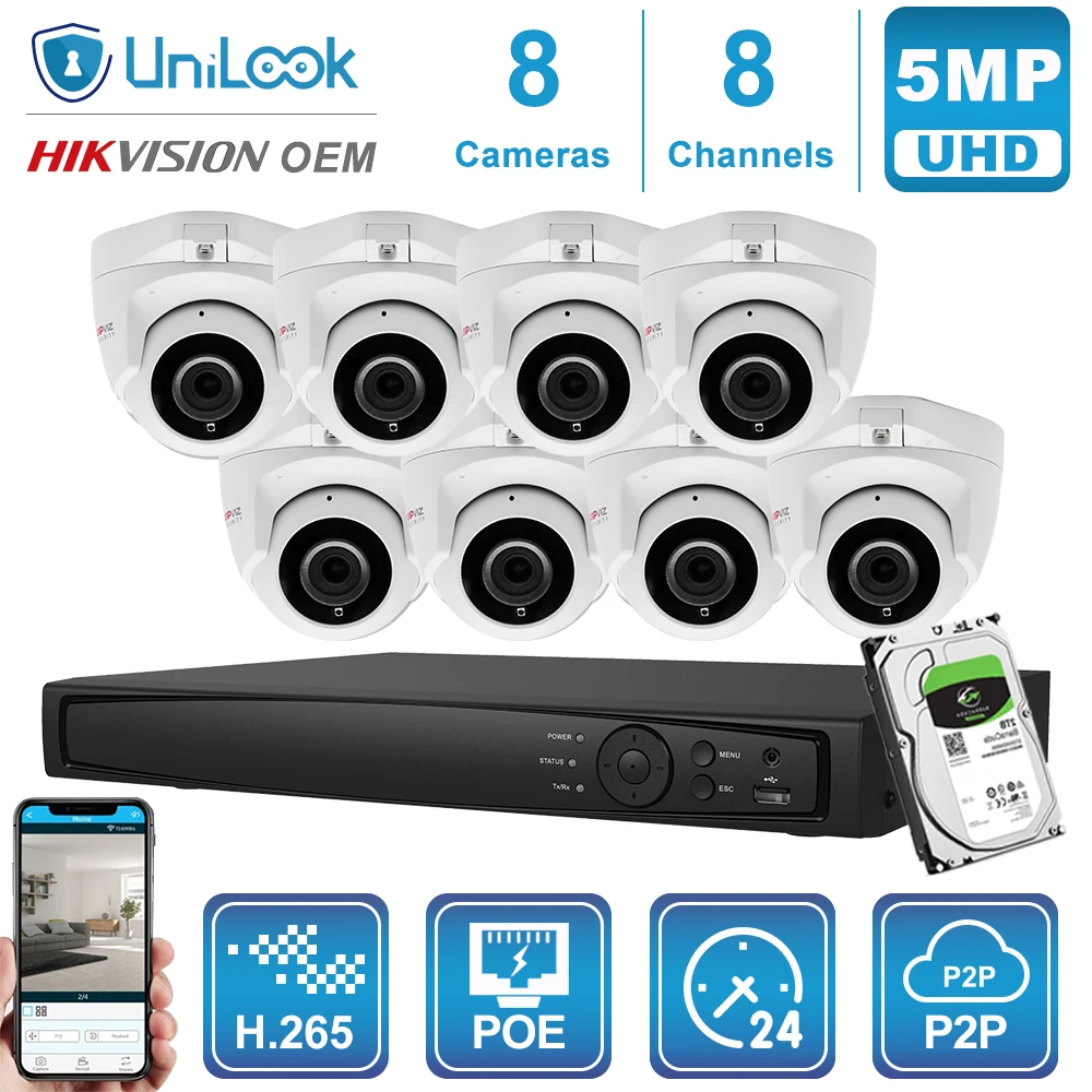 UniLook 8CH CCTV System 4/6/8Pcs 5MP Mini Dome Camera NVR Kit Outdoor Security System Night Vision 2.8mm Lens H.265 P2P View