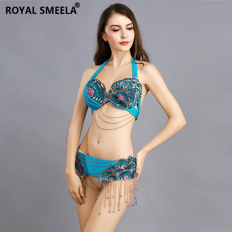 Oriental Belly Dance Bra Belt Women Beaded Bra and Belt Set Peacock Belly Dance Costumes Belly Dancing Outfit Belly Dance Suit