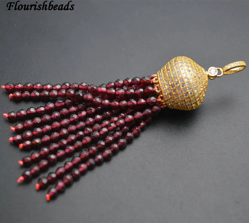 Natural Faceted 3mm Garnet / Rose Quartz / White Howlite Turquoise Round Beads Tassel Pendants Paved CZ Metal Crown Cap