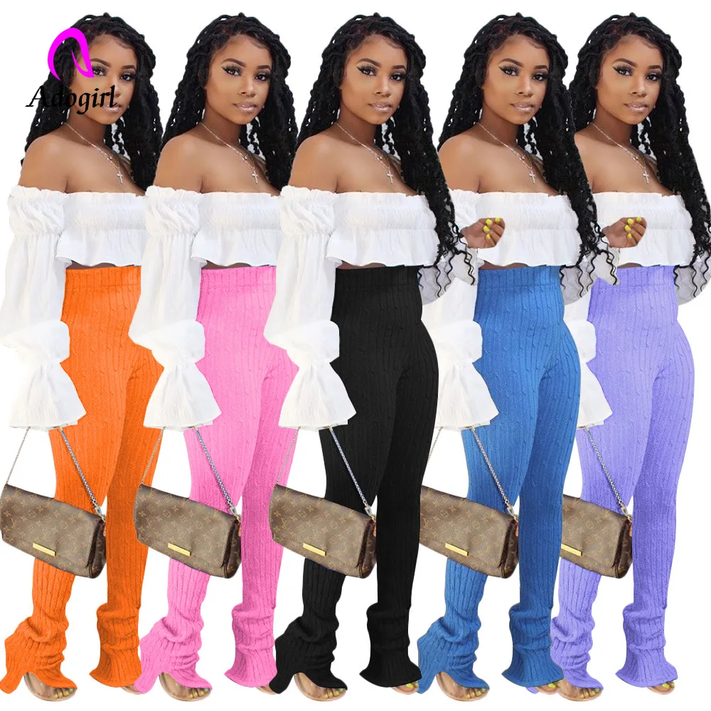 Stacked Pants Ribbed Knitted Sexy Jogger Women Trousers Black Skinny High Waist Pants Female Wide Leg Flare Casual Workout Pants