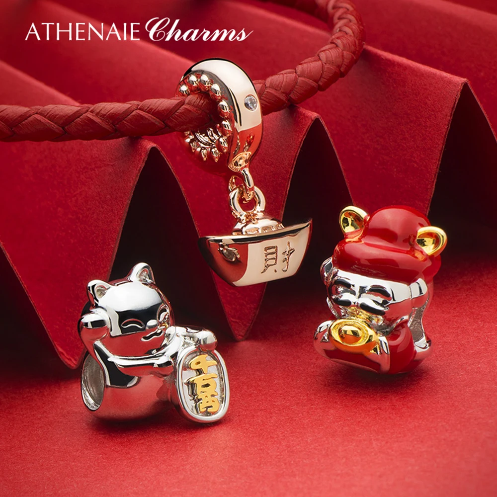 ATHENAIE 925 Sterling Silver Japanese Luck and Fortune Plutus Cat Charm White Beckoning Cat Maneki Neko Bead for Bracelet