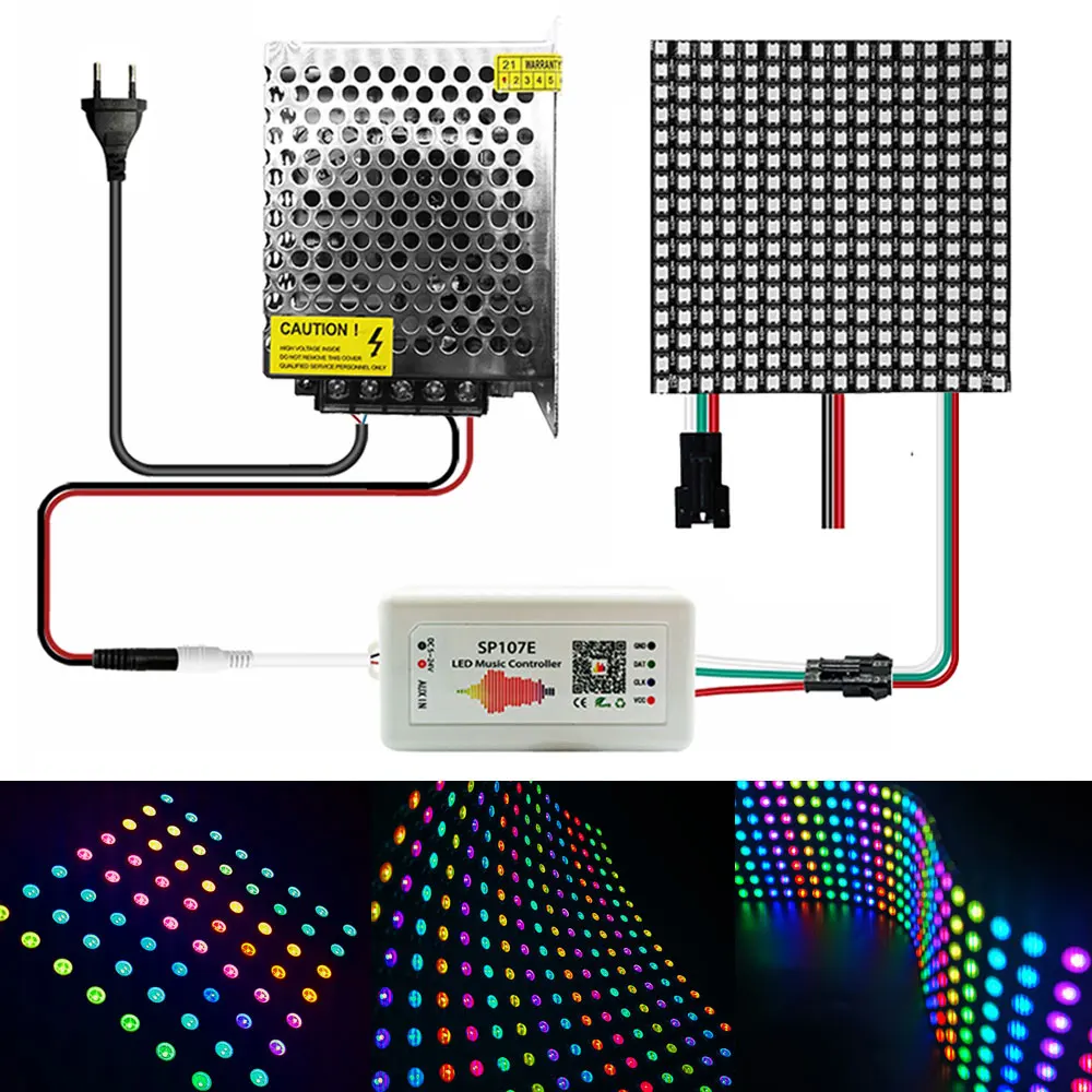 WS2812B Layar Panel Dapat Dialamatkan Secara Individual dengan SP107E Pengendali Bluetooth Musik DC5V Kit Daya 8X8 16X16 8X32 AU EU US UK